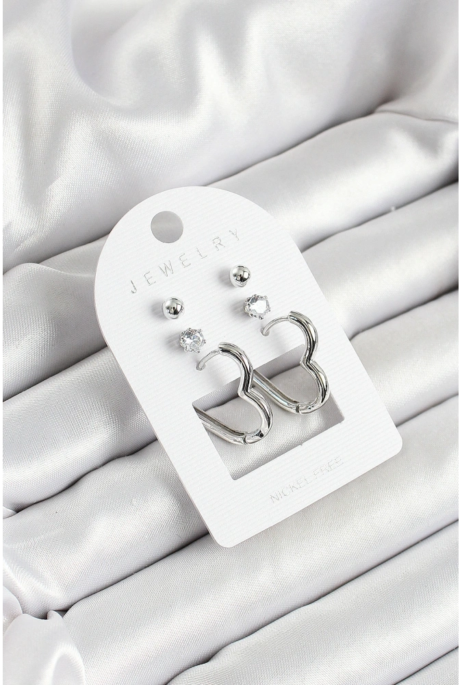 Shoecide Pirinç Zirkon Taş Ve Kalp Figürlü Gümüş Renk 3lü Çift Kadın Küpe Set