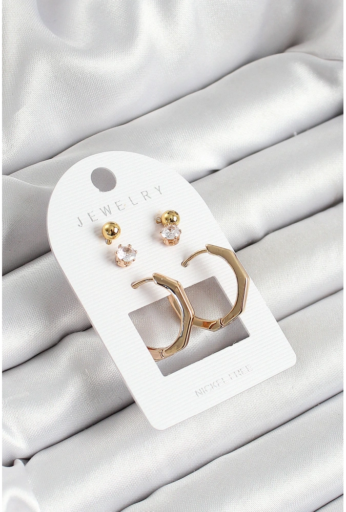 Shoecide Pirinç Zirkon Taş Ve Kemik Halka Figürlü Gold Renk 3lü Çift Kadın Küpe Set