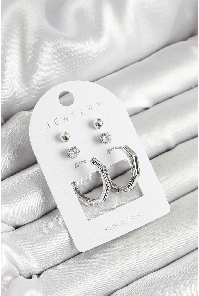 Shoecide Pirinç Zirkon Taş Ve Kemik Halka Figürlü Gümüş Renk 3lü Çift Kadın Küpe Set