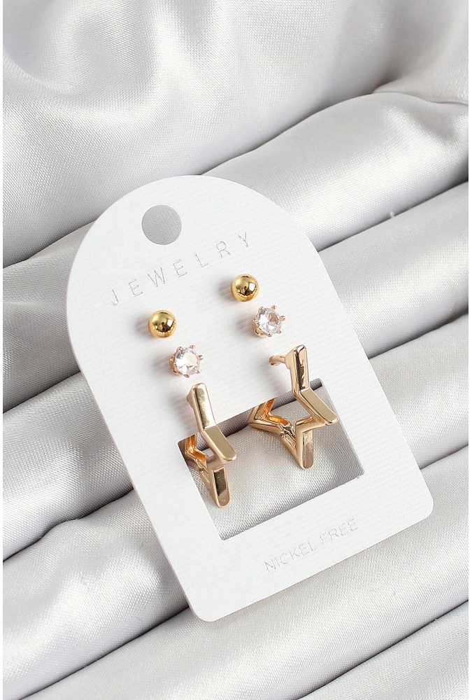 Shoecide Pirinç Zirkon Taş Ve Yıldız Figürlü Gold Renk 3lü Çift Kadın Küpe Set