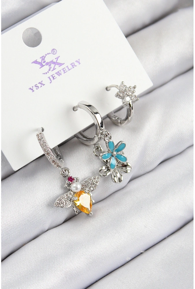 Shoecide Pirinç Zirkon Taşlı 3lü Arı Ve Çiçek Model Gümüş Renk Kadın Küpe