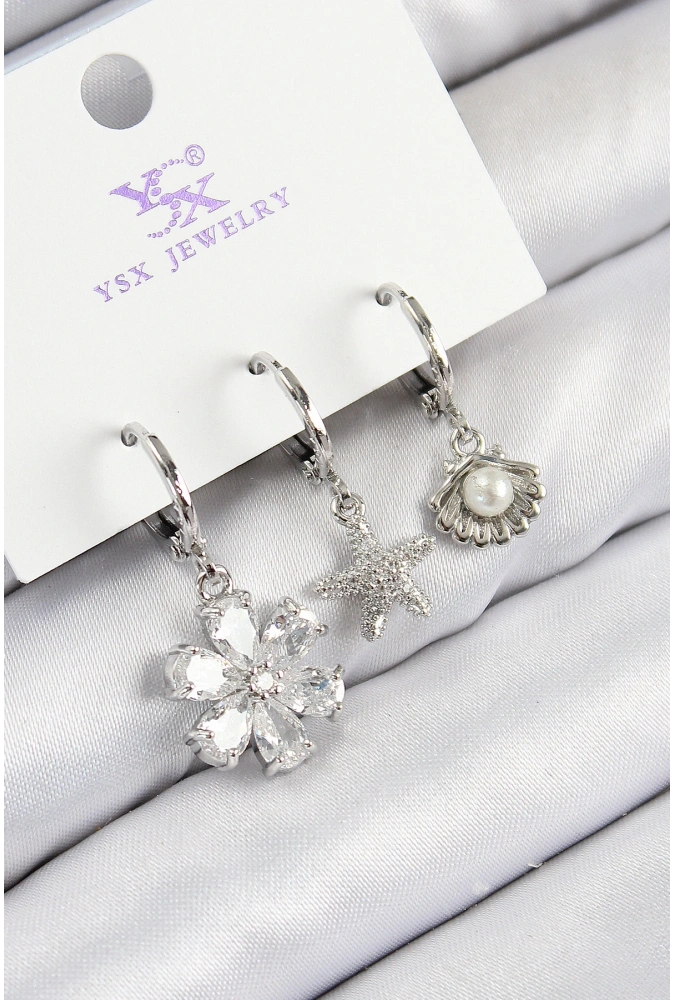 Shoecide Pirinç Zirkon Taşlı 3lü Çiçek Ve İstiridye Model Gümüş Renk Kadın Küpe