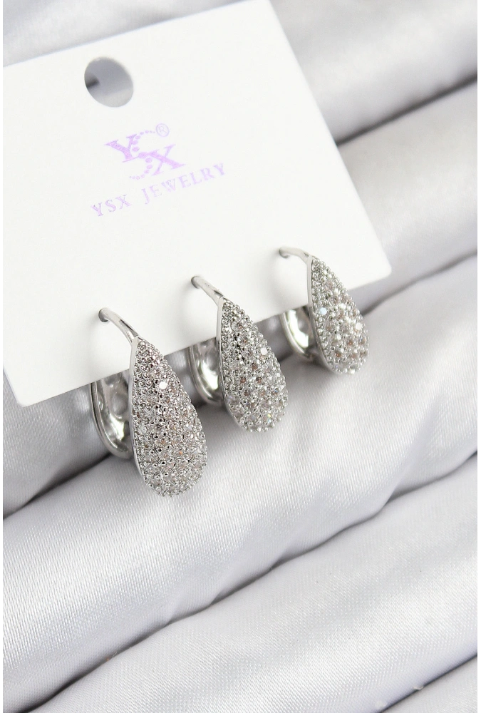 Shoecide Pirinç Zirkon Taşlı 3lü Damla Model Gümüş Renk Kadın Küpe