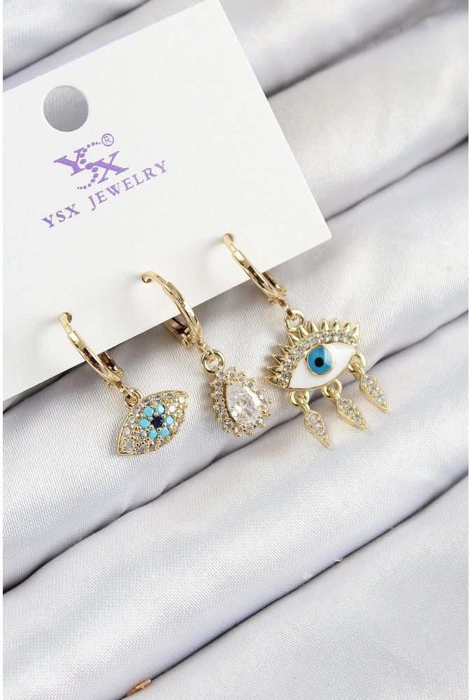 Shoecide Pirinç Zirkon Taşlı 3lü Fatmanın Gözü Model Gold Renk Kadın Küpe