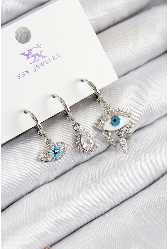 Shoecide Pirinç Zirkon Taşlı 3lü Fatmanın Gözü Model Gümüş Renk Kadın Küpe