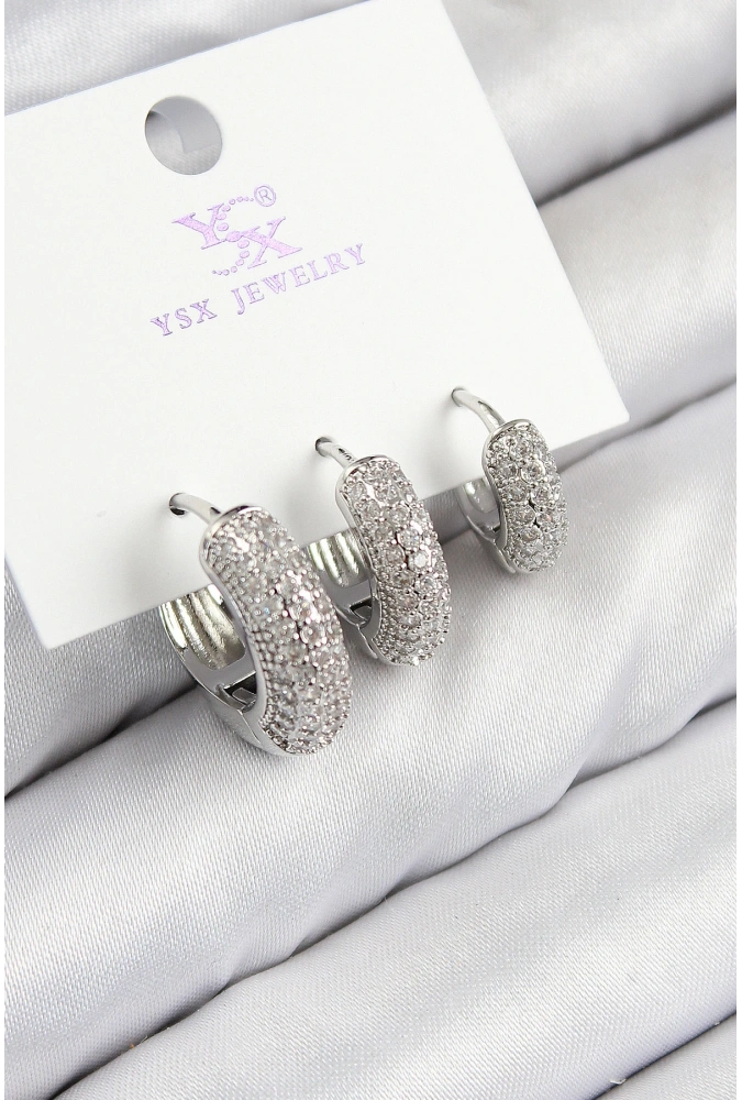 Shoecide Pirinç Zirkon Taşlı 3lü Halka Model Gümüş Renk Kadın Küpe