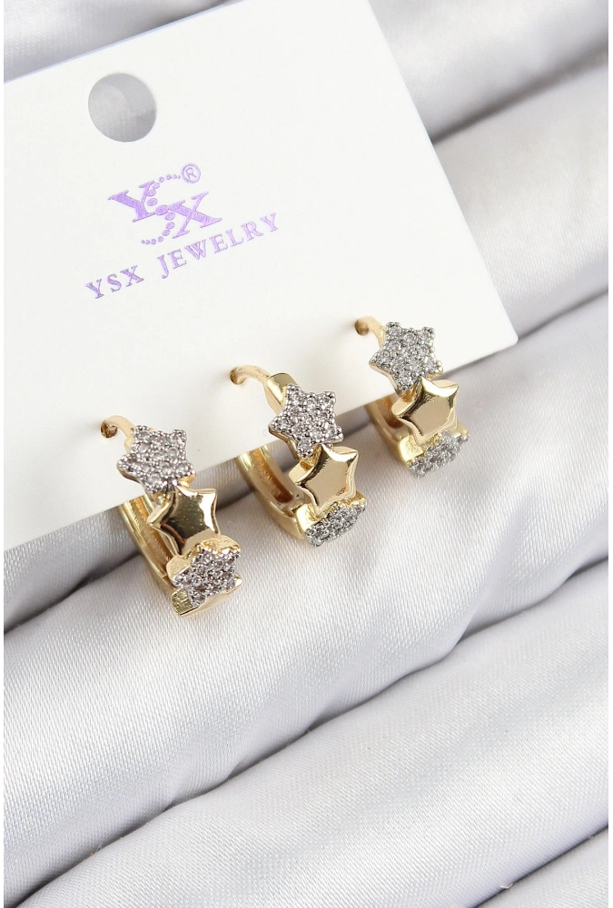 Shoecide Pirinç Zirkon Taşlı 3lü Halka Yıldız Model Gold Ve Gümüş Renk Kadın Küpe