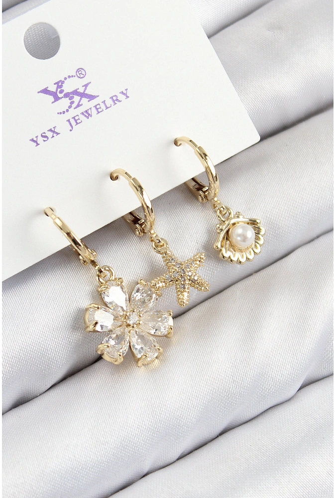 Shoecide Pirinç Zirkon Taşlı 3lü İstiridye Ve Çiçek Model Gold Renk Kadın Küpe