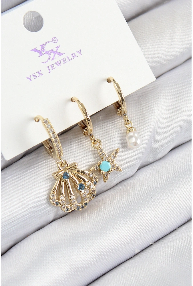 Shoecide Pirinç Zirkon Taşlı 3lü İstiridye Ve Yıldız Model Gold Renk Kadın Küpe