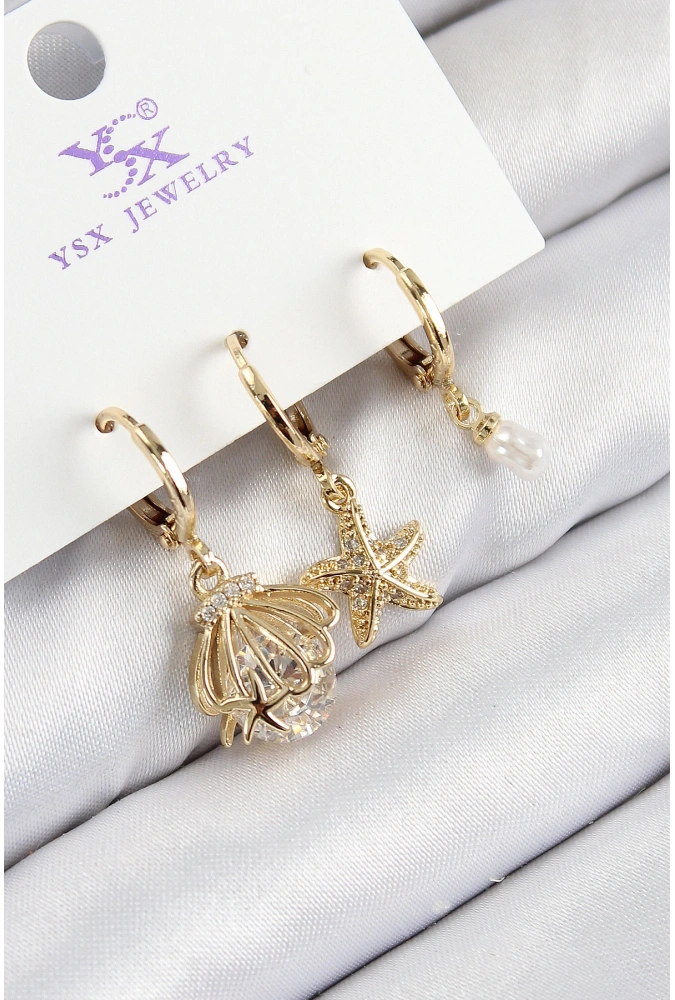 Shoecide Pirinç Zirkon Taşlı 3lü İstiridye Ve Yıldız Model Gold Renk Kadın Küpe