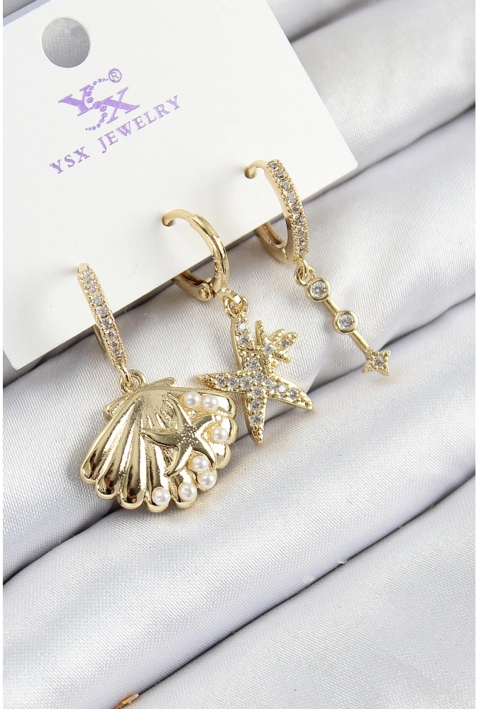 Shoecide Pirinç Zirkon Taşlı 3lü İstiridye Ve Yıldız Model Gold Renk Kadın Küpe