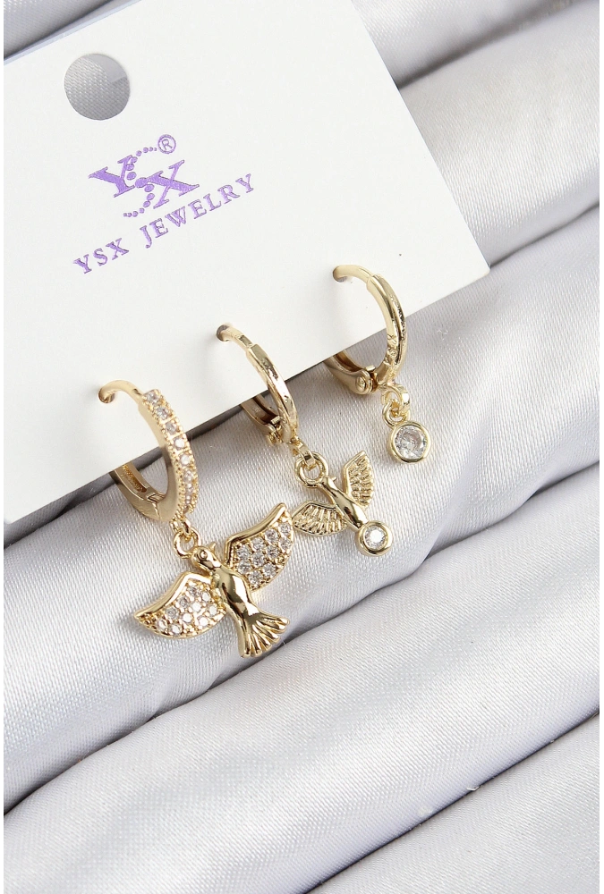 Shoecide Pirinç Zirkon Taşlı 3lü Kuş Model Gold Renk Kadın Küpe