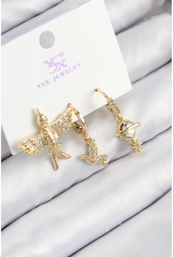 Shoecide Pirinç Zirkon Taşlı 3lü Kuş Model Gold Renk Kadın Küpe