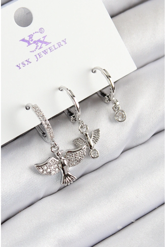 Shoecide Pirinç Zirkon Taşlı 3lü Kuş Model Gümüş Renk Kadın Küpe