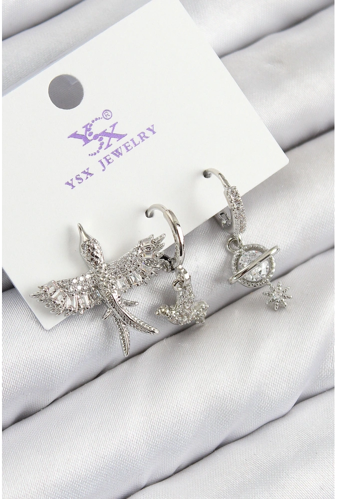 Shoecide Pirinç Zirkon Taşlı 3lü Kuş Model Gümüş Renk Kadın Küpe