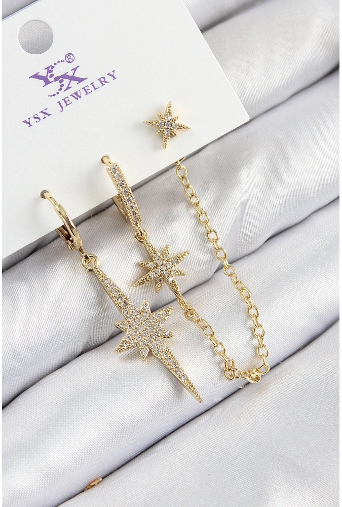 Shoecide Pirinç Zirkon Taşlı 3lü Kutup Yıldızı Model Gold Renk Kadın Küpe