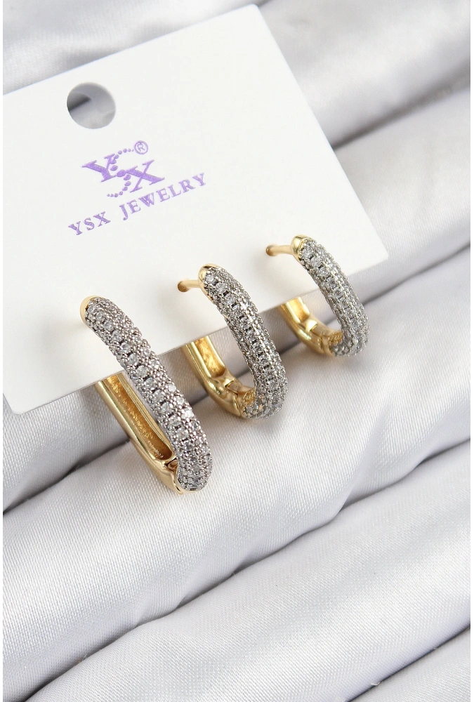 Shoecide Pirinç Zirkon Taşlı 3lü Oval Dikdörtgen Model Gold Ve Gümüş Renk Kadın Küpe