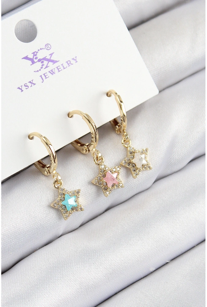 Shoecide Pirinç Zirkon Taşlı 3lü Renkli Yıldız Model Gold Renk Kadın Küpe