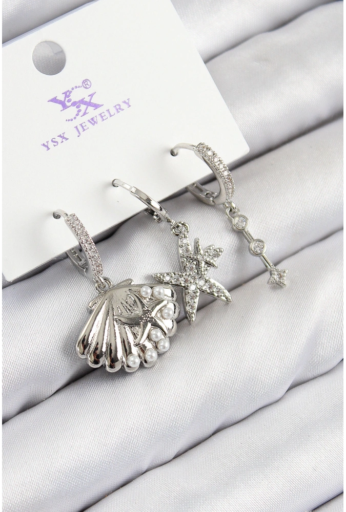 Shoecide Pirinç Zirkon Taşlı 3lü Yıldız Ve İstiridye Model Gümüş Renk Kadın Küpe