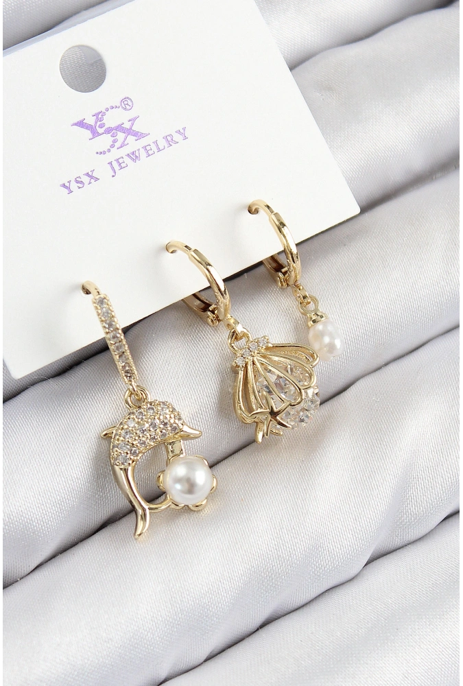 Shoecide Pirinç Zirkon Taşlı 3lü Yunus Balığı Ve İstiridye Model Gold Renk Kadın Küpe