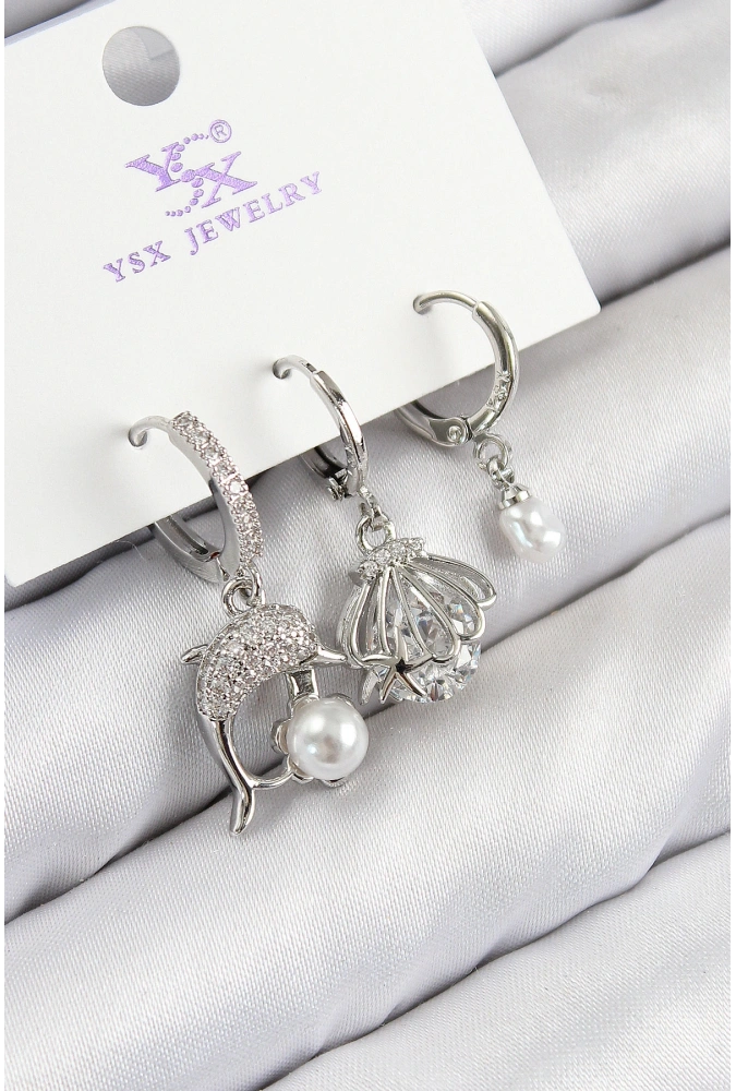 Shoecide Pirinç Zirkon Taşlı 3lü Yunus Balığı Ve İstiridye Model Gümüş Renk Kadın Küpe