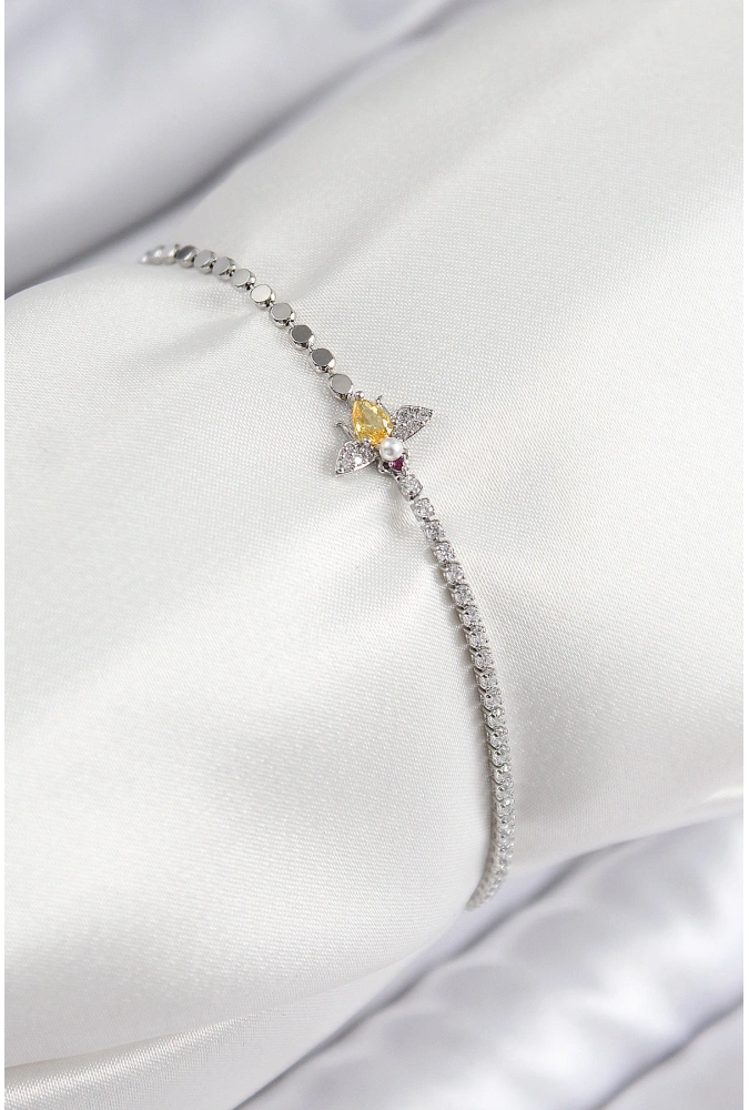 Shoecide Pirinç Zirkon Taşlı Arı Model Ezme Zincir Gümüş Renk Kadın Bileklik