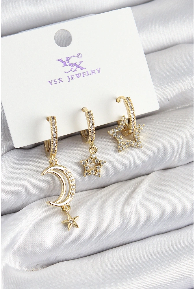 Shoecide Pirinç Zirkon Taşlı Ay Ve Hilal Model Gold Renk 3lü Kadın Küpe