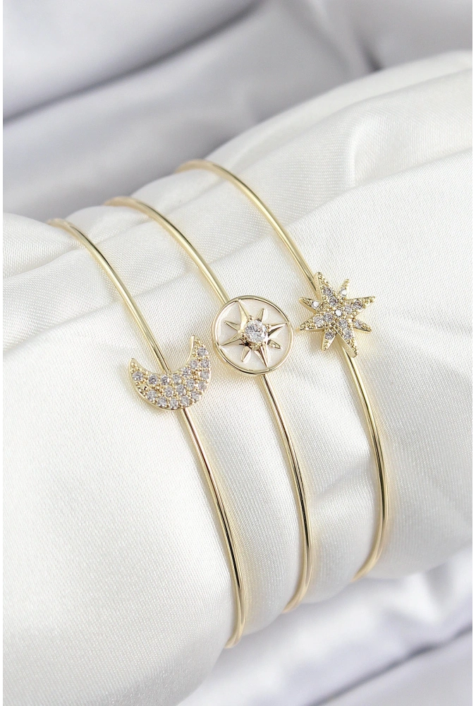 Shoecide Pirinç Zirkon Taşlı Ay Ve Kutup Yıldızı Model Gold Renk Vip 3lü Kadın Bileklik