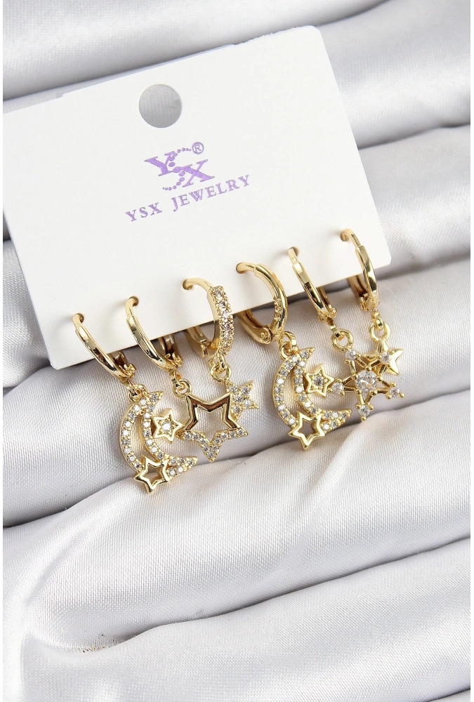 Shoecide Pirinç Zirkon Taşlı Ay Ve Yıldız Model Gold Renk 3lü Çift Kadın Küpe