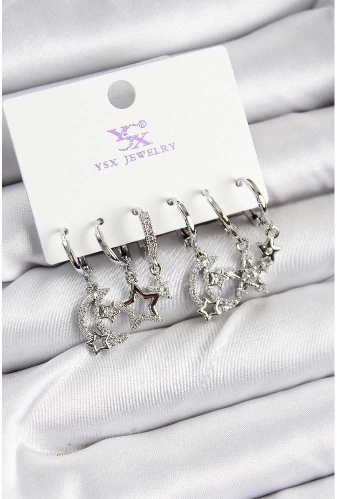 Shoecide Pirinç Zirkon Taşlı Ay Ve Yıldız Model Gümüş Renk 3lü Çift Kadın Küpe