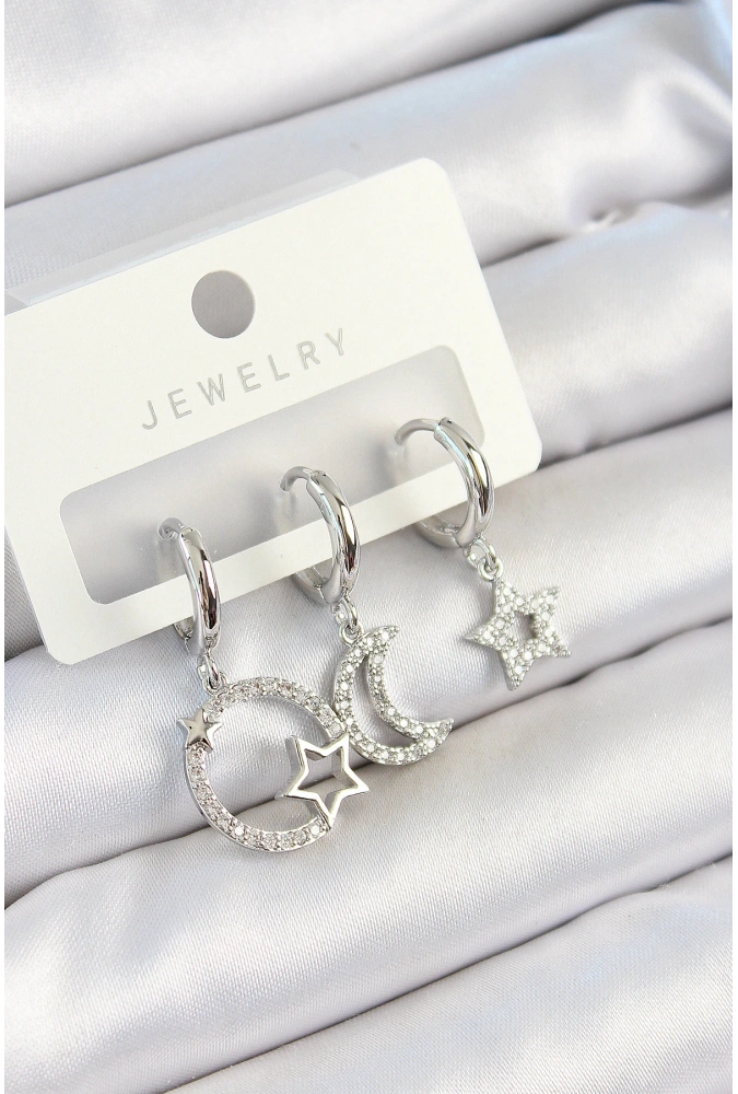 Shoecide Pirinç Zirkon Taşlı Ay Ve Yıldız Model Gümüş Renk 3lü Çift Kadın Küpe Set