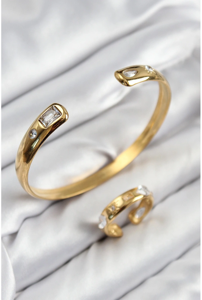 Shoecide Pirinç Zirkon Taşlı Ayrık Model Gold Renk Bileklik Yüzük Set