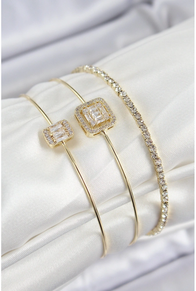 Shoecide Pirinç Zirkon Taşlı Baget Model Gold Renk Vip 3lü Kadın Bileklik