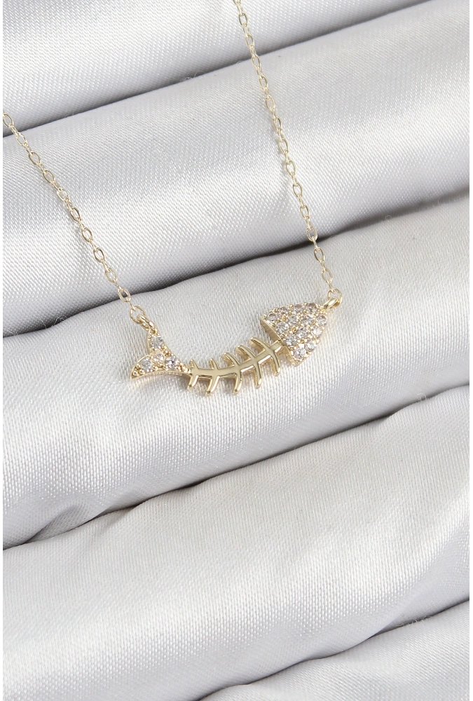 Shoecide Pirinç Zirkon Taşlı Balık Kılçığı Model Gold Renk Kadın Kolye