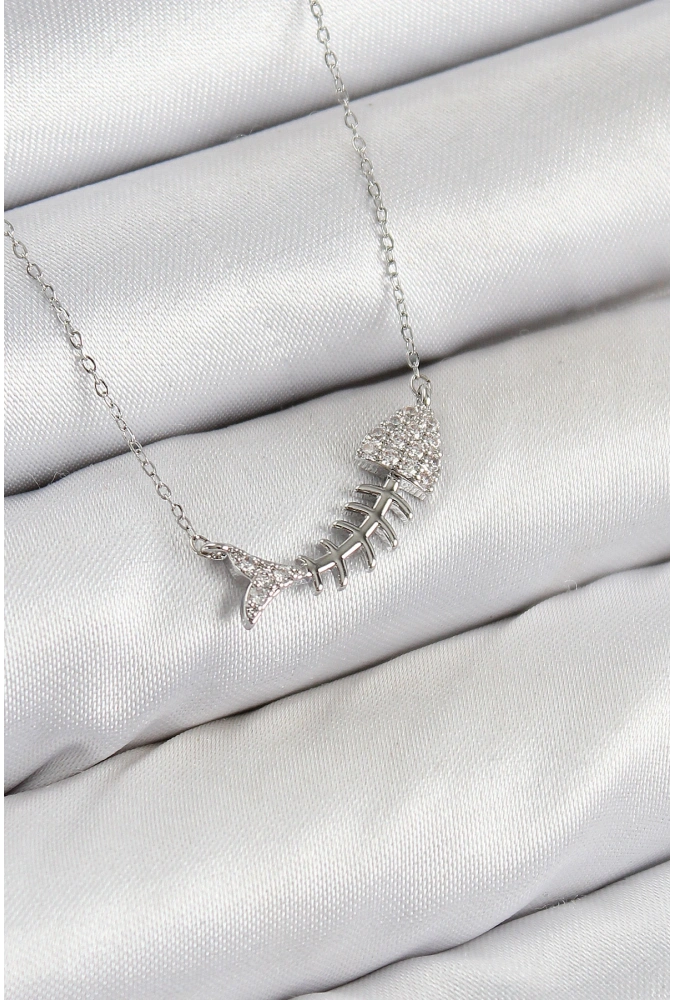 Shoecide Pirinç Zirkon Taşlı Balık Kılçığı Model Gümüş Renk Kadın Kolye