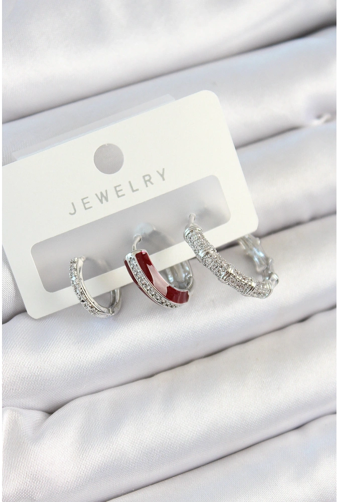 Shoecide Pirinç Zirkon Taşlı Bordo Pembe Halka Model Gümüş Renk 3lü Çift Kadın Küpe Set