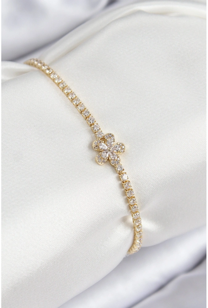 Shoecide Pirinç Zirkon Taşlı Çiçek Model Gold Renk Kadın Bileklik