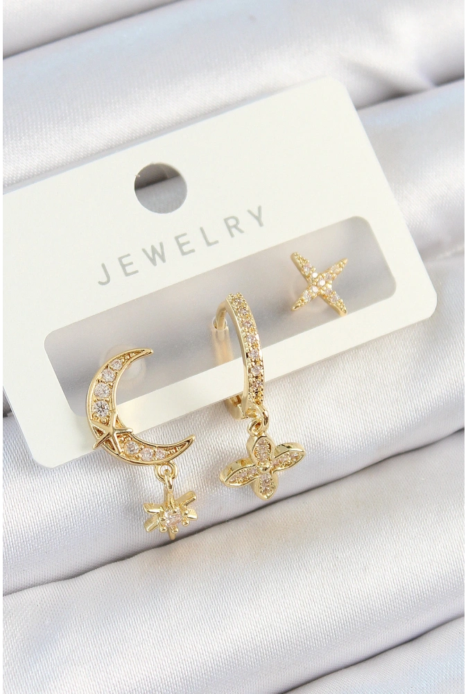 Shoecide Pirinç Zirkon Taşlı Çiçek Ve Ay Model Gold Renk 3lü Çift Kadın Küpe Set