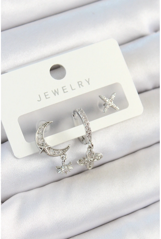 Shoecide Pirinç Zirkon Taşlı Çiçek Ve Ay Model Gümüş Renk 3lü Çift Kadın Küpe Set
