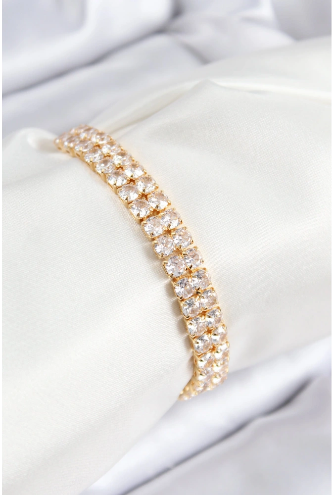 Shoecide Pirinç Zirkon Taşlı Çift Sıra Kare Model Gold Renk Asansörlü Kadın Bileklik