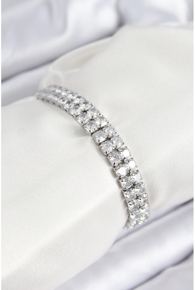 Shoecide Pirinç Zirkon Taşlı Çift Sıra Kare Model Gümüş Renk Asansörlü Kadın Bileklik