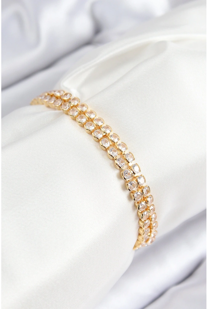 Shoecide Pirinç Zirkon Taşlı Çift Sıra Model Gold Renk Asansörlü Kadın Bileklik