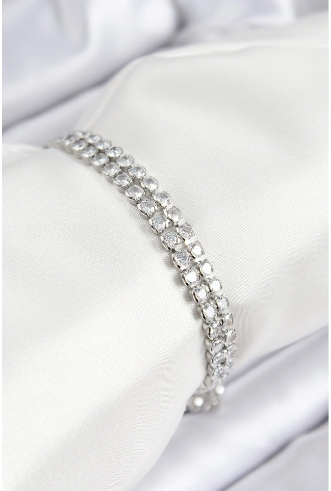 Shoecide Pirinç Zirkon Taşlı Çift Sıra Model Gümüş Renk Asansörlü Kadın Bileklik