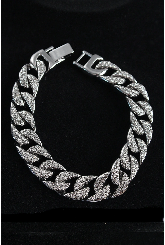 Shoecide Pirinç Zirkon Taşlı Cuba Gurmet Model Gümüş Renk Erkek Bileklik