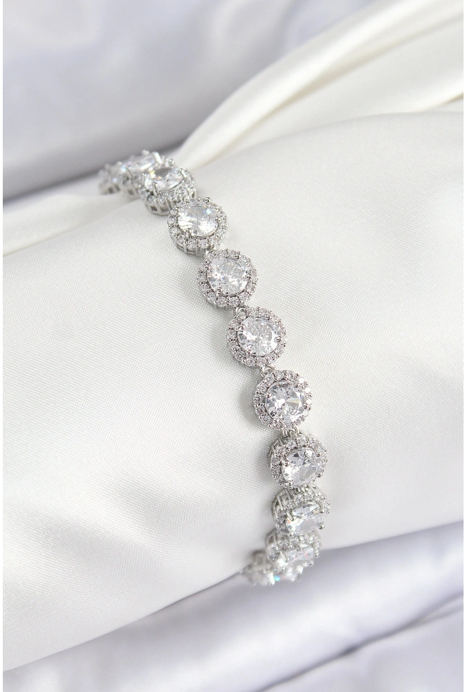 Shoecide Pirinç Zirkon Taşlı Daire Baget Model Gümüş Renk Vıp Seri Kadın Bileklik