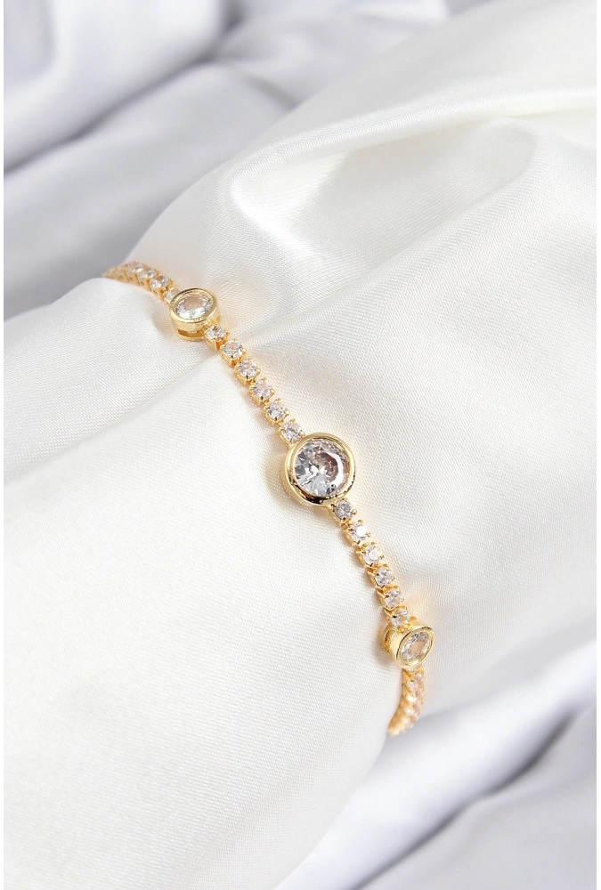 Shoecide Pirinç Zirkon Taşlı Daire Model Gold Renk Asansörlü Kadın Bileklik