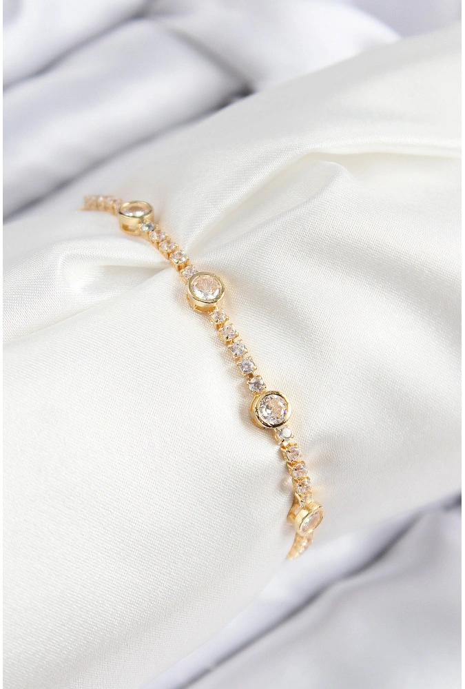 Shoecide Pirinç Zirkon Taşlı Daire Model Gold Renk Asansörlü Kadın Bileklik