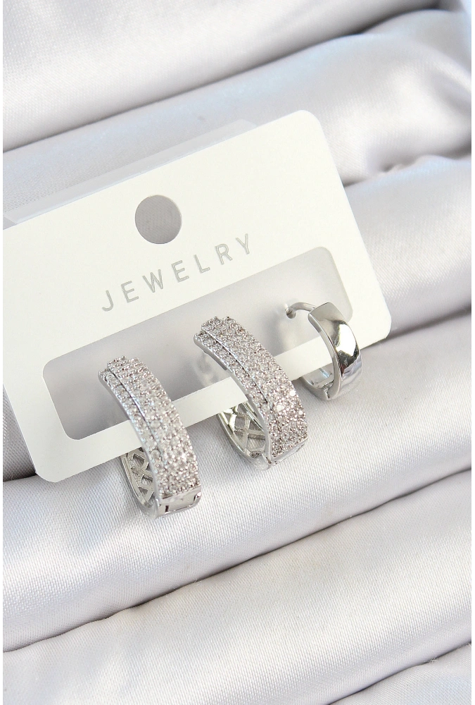 Shoecide Pirinç Zirkon Taşlı Damla Model Gümüş Renk 3lü Çift Kadın Küpe Set