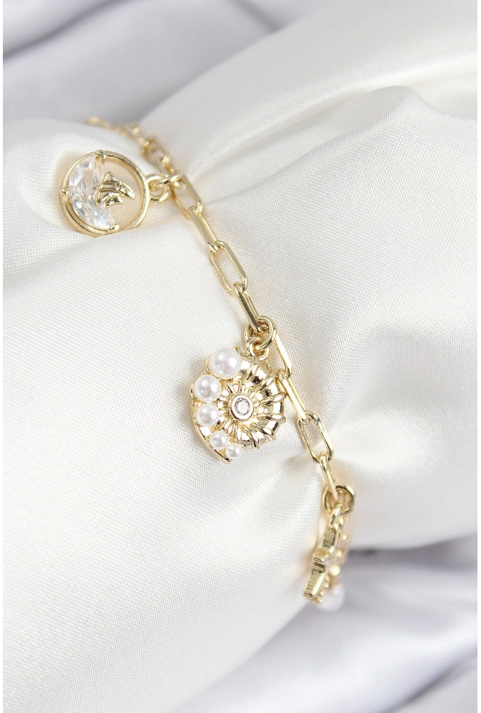 Shoecide Pirinç Zirkon Taşlı Deniz Kabuğu Model Gold Renk Kadın Bileklik