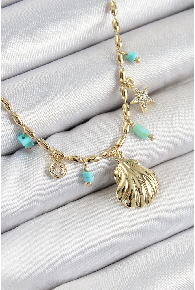 Shoecide Pirinç Zirkon Taşlı Deniz Kabuğu Model Gold Renk Kadın Kolye